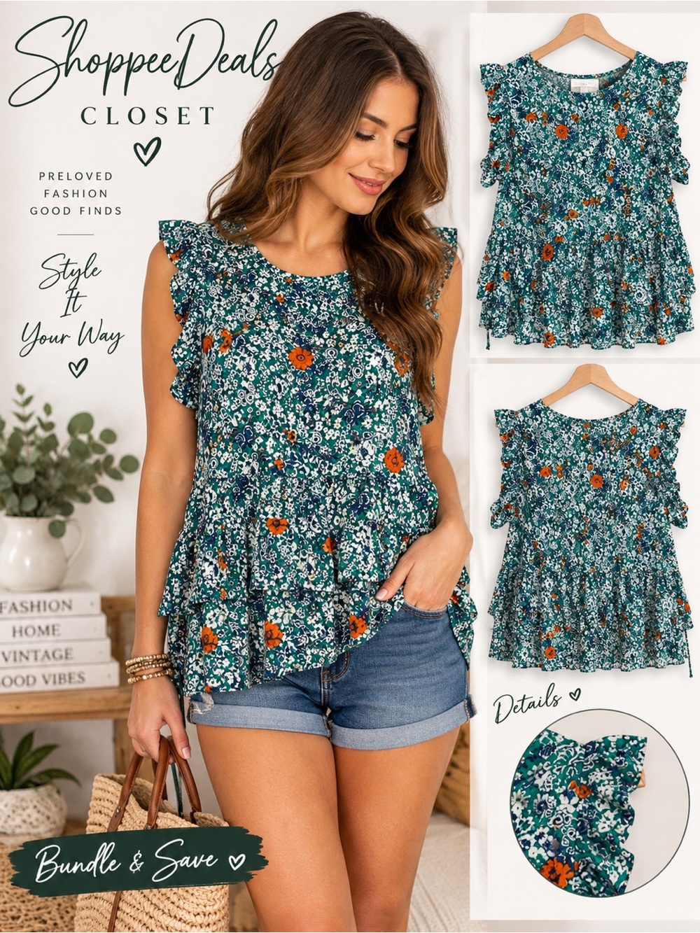 See U Soon Floral Ruffle Blouse with Tie Belt Size M